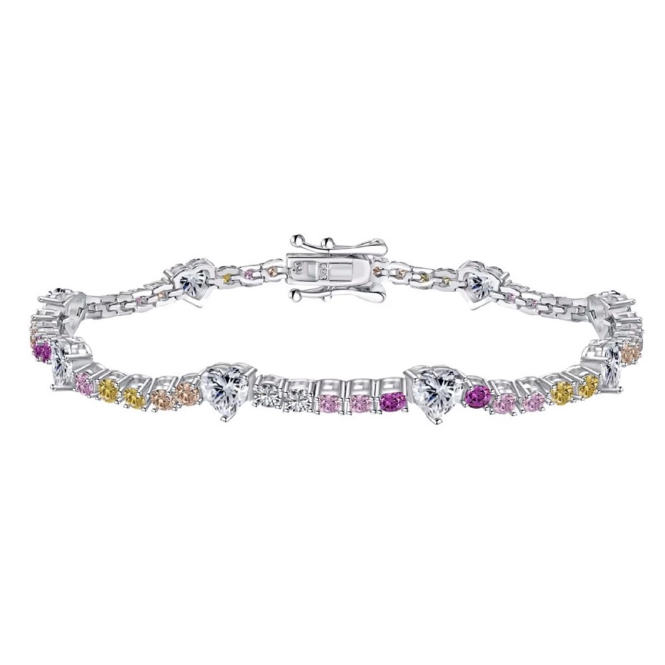 Heart Multi Colour 5A Cubic Zirconia 925 Sterling Silver Tennis Bracelet