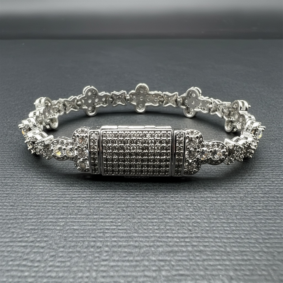 18K Silver-Filled Cross & Flower Bracelet , AAA+ Cubic Zirconia - 22.8cm