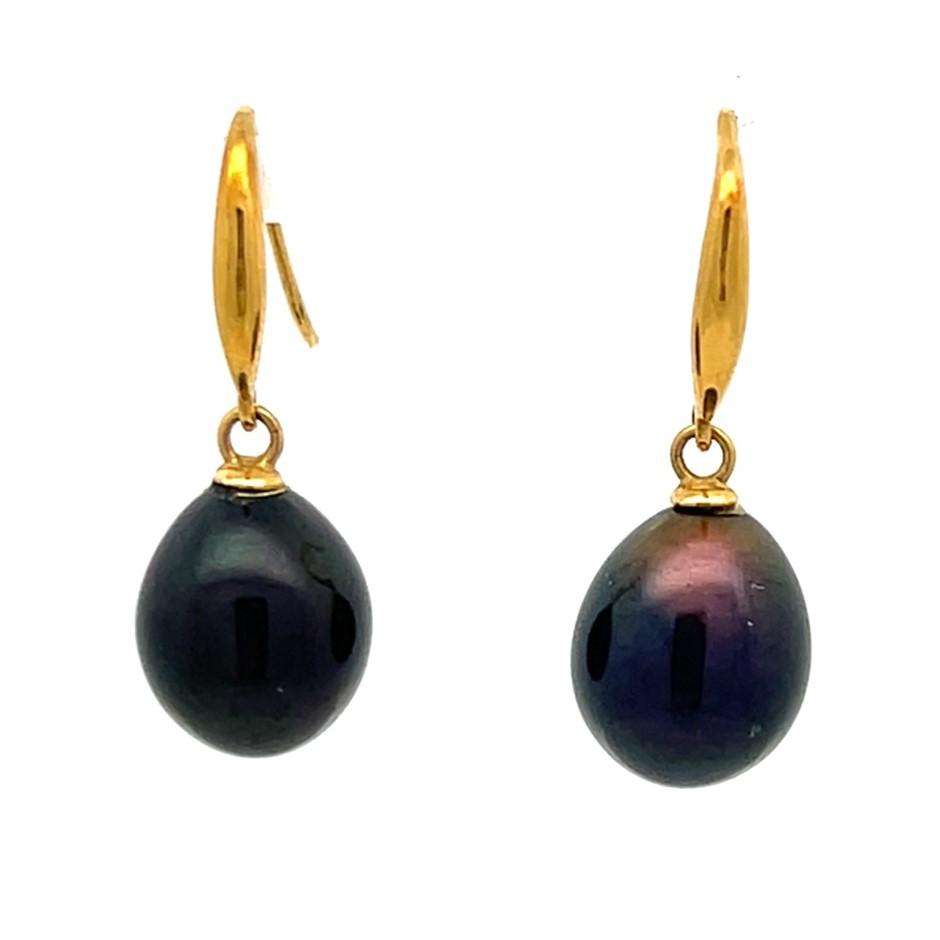 9ct Yellow Gold Black Pearl Drop Earrings