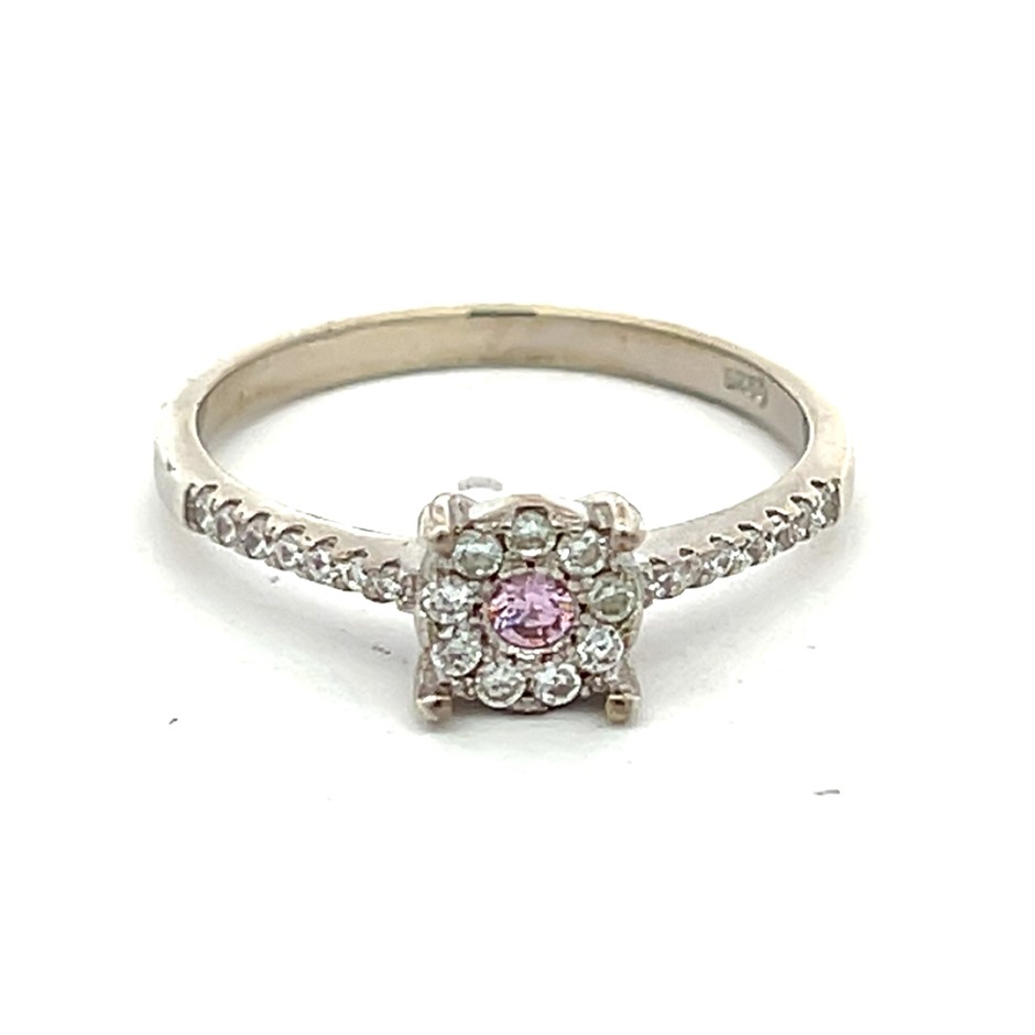 Sterling Silver Pink Stone & Cubic Zirconia Ring