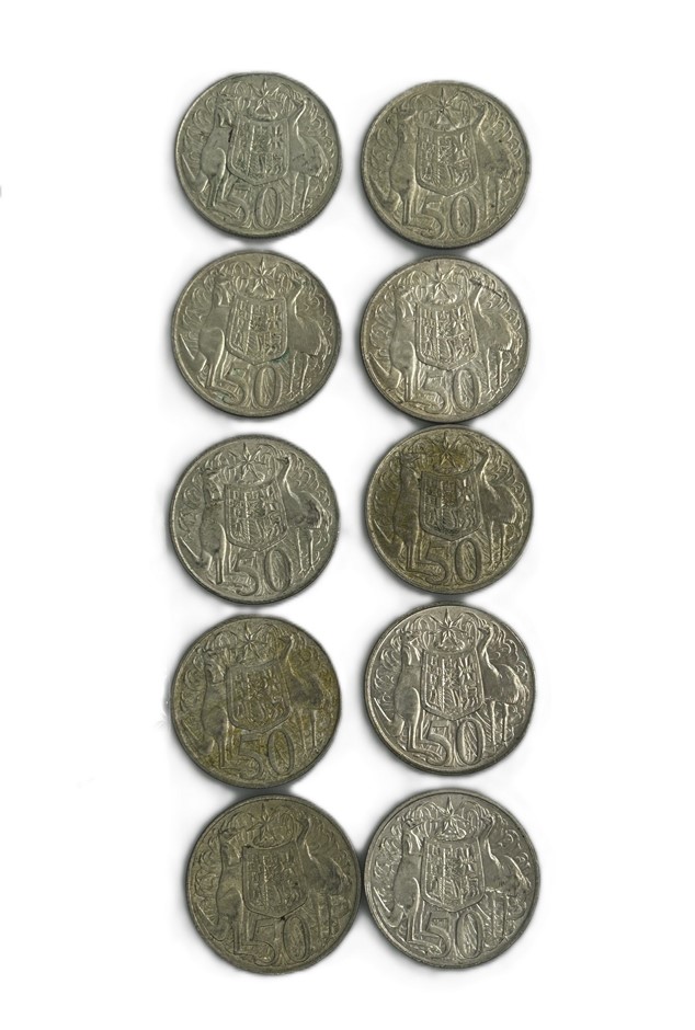 Mixed Lot Of 10 Australian 1966 Round 50 Cent Silver Coins