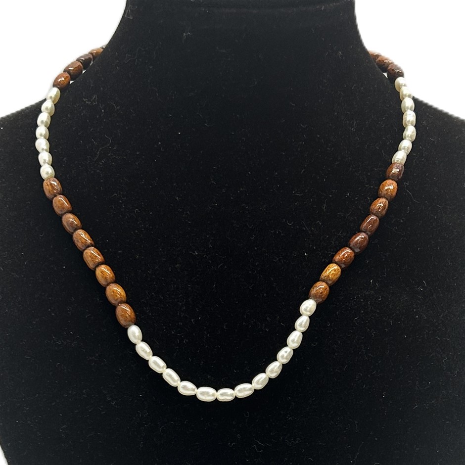 White Pearl & Wood Seed Necklace