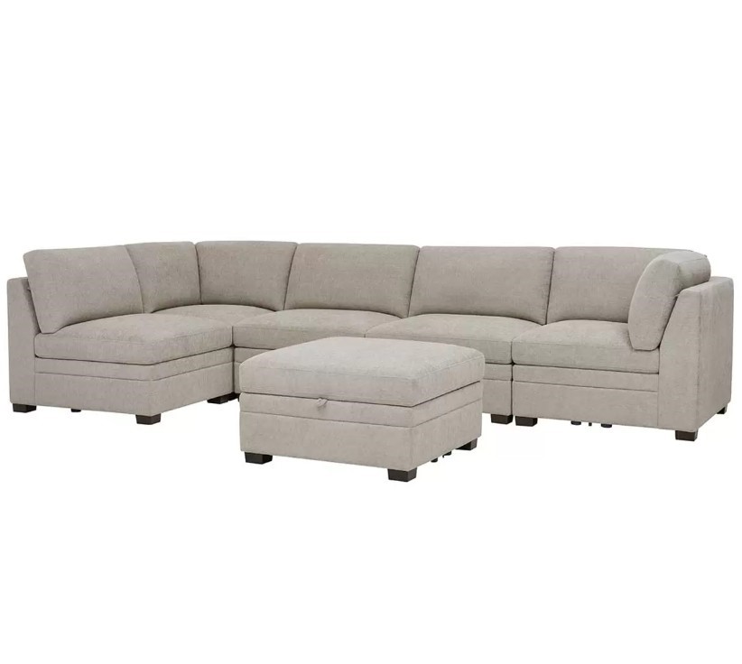 THOMASVILLE 6 Piece Fabric Modular Sectional With Storage Ottoman, Grey. NB