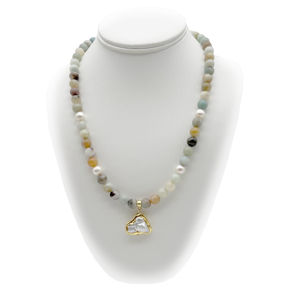 8mm Amazonite, Baroque Pearl   Pendant Charm Necklace.