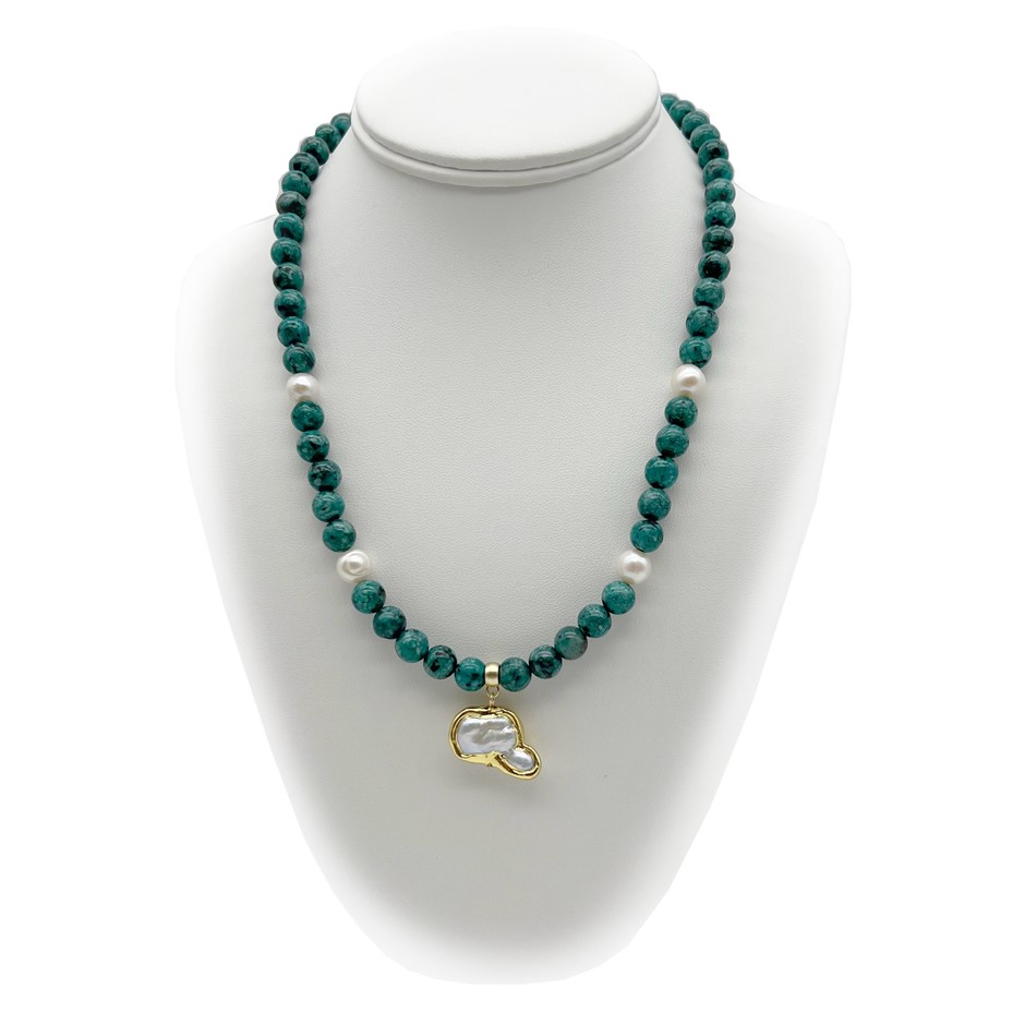 8mm African Jasper 'Turquoise', Baroque Pearl Pendant Charm Necklace.