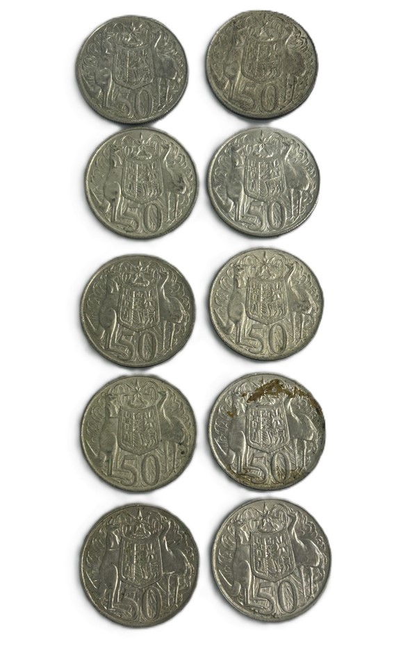 Mixed Lot of 10 Australian Round 50 Cent Silver Coins (1966)