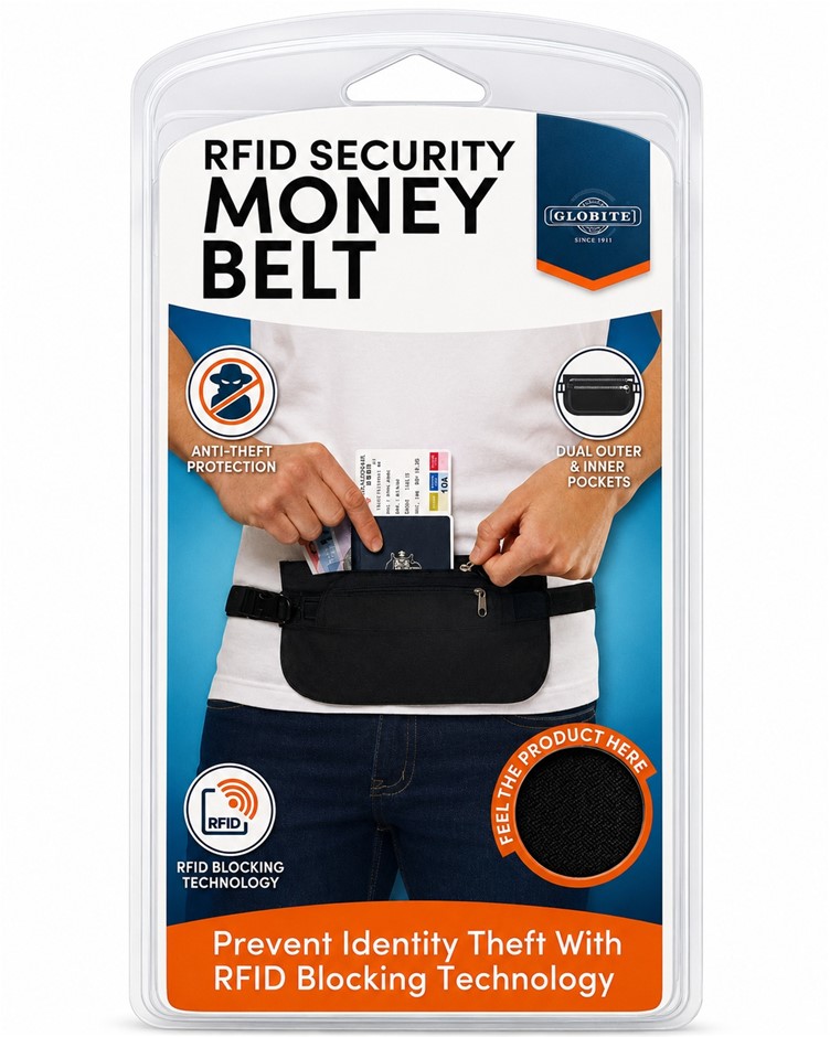 Globite RFID Money Belt, Black, with Dual Outer and Inner Pockets