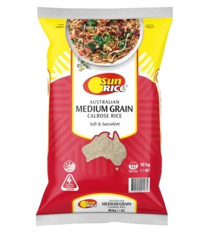 2 x SUNRICE Medium Grain White Rice, 10kg. N.B: Damaged packaging.