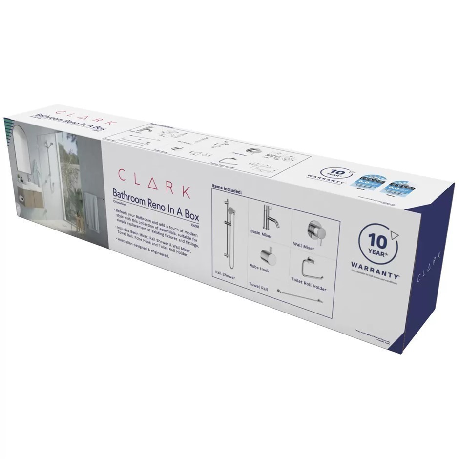 CLARK Bathroom Reno In A Box, Includes Basin Mixer, Rail Shower & Wall Mixe