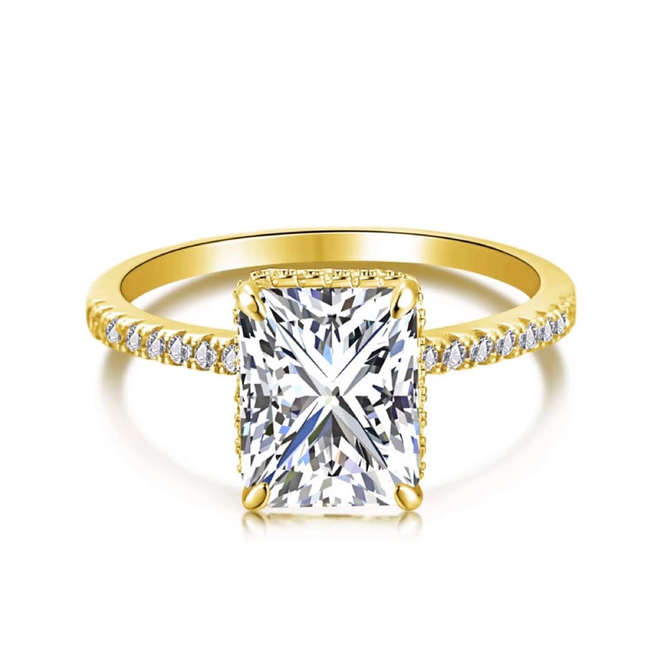 4ct Rectangle 8A Cubic Zirconia 18K Gold Filled 925 Silver Ring - Size 8