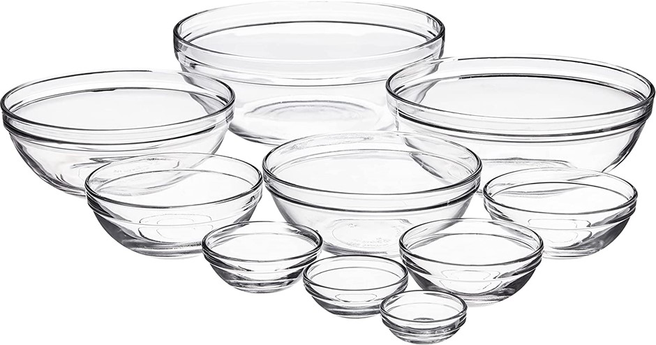 ANCHOR Hocking Glass Mixing Bowls, Mixed, Set of 10. NB: One Bowl Has Been