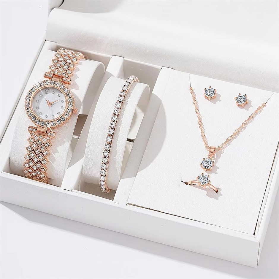 6PCS Set - Luxury Watch, Ring, Necklace, Bracelet and Earrings