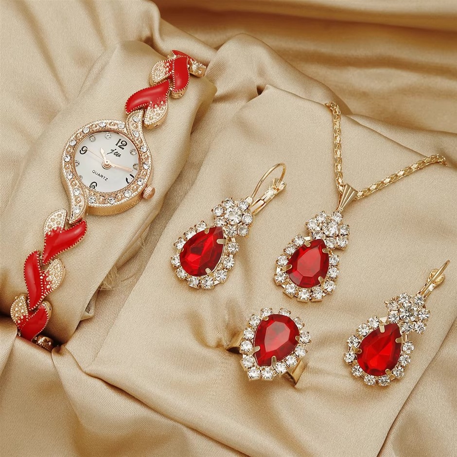 Luxury Rhinestone 4PCS Jewellery Set - Watch, Earrings, Ring & Necklace