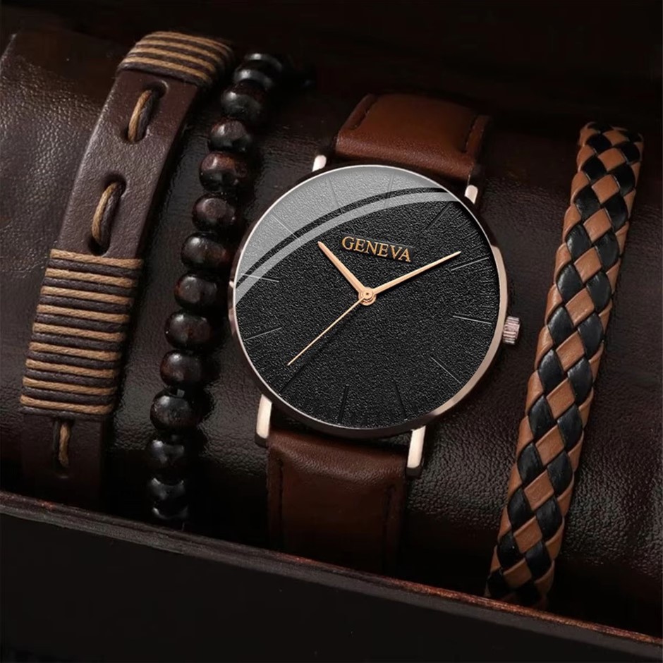 4PCS Men's Fashion Watch and Bracelet Set, Brown
