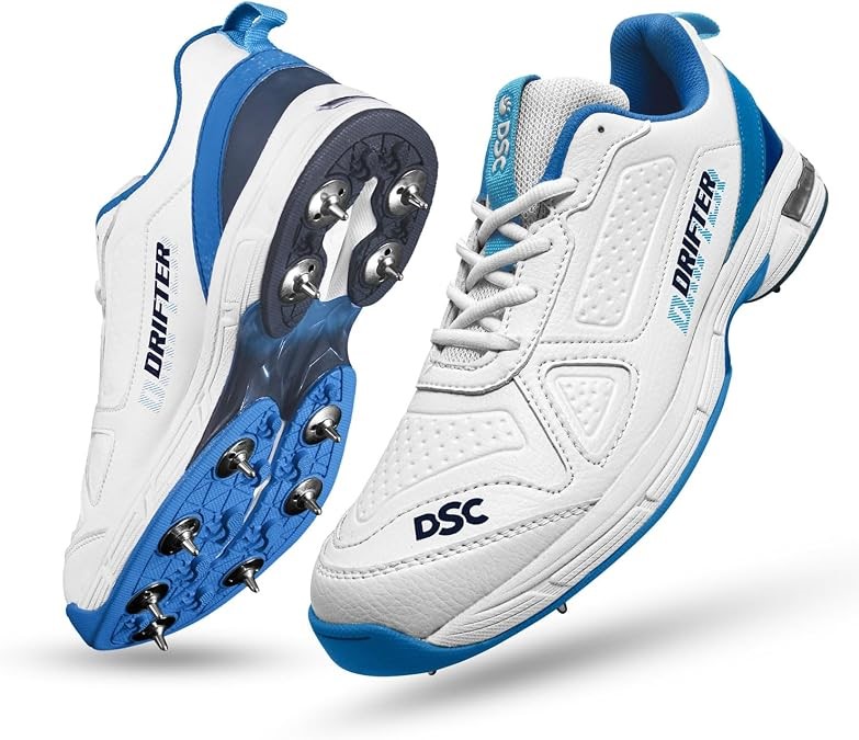 DSC Drifter Cricket Shoes, US9/UK8, White/Blue, BL23. NB: Has been used.
