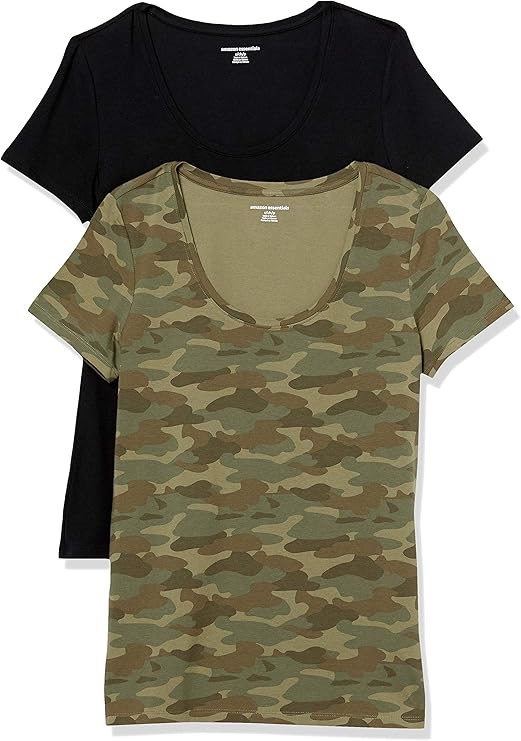 2-Pack AMAZON ESSENTIALS Women's Scoop Tees, Size L, Black/Green Camo.