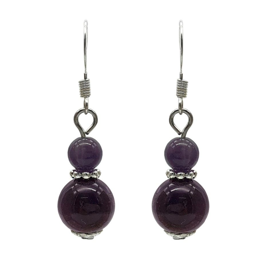 6-10mm Round Amethyst Silver Plated Drop Earrings