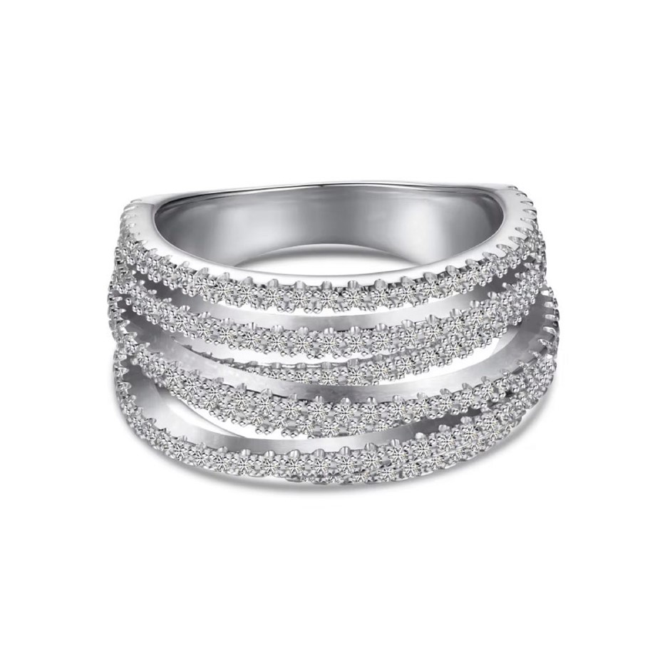 5A Cubic Zirconia Multi Row 925 Sterling Silver Band Ring - Size 9