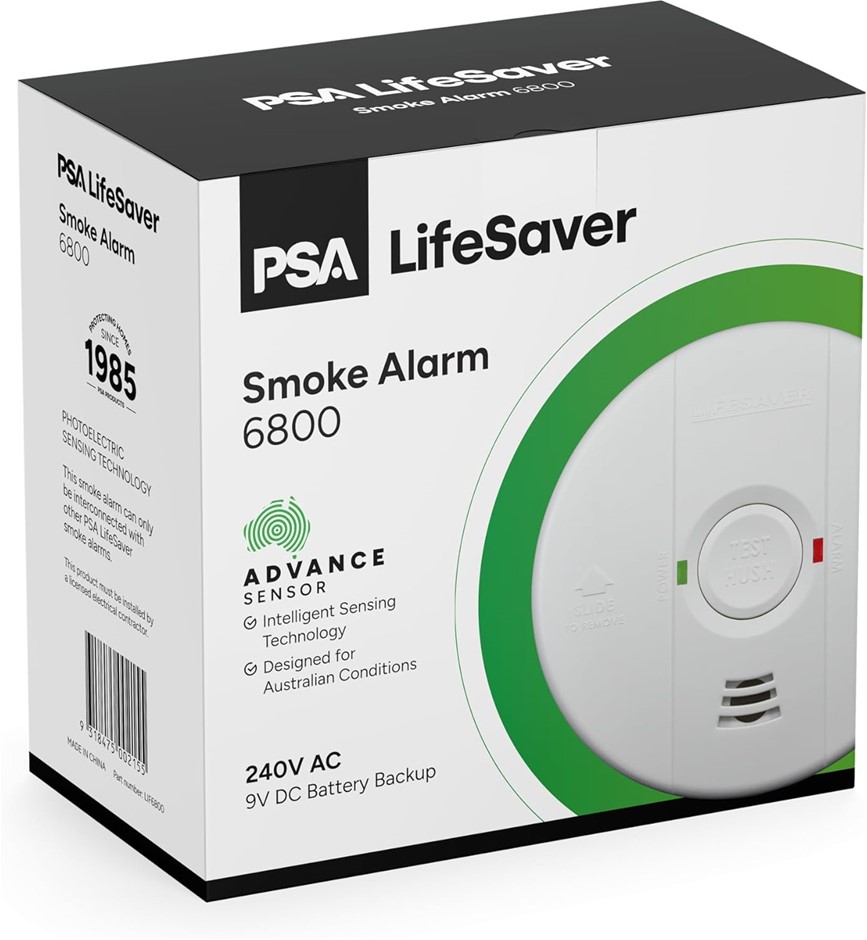 LIFESAVER 6800 240V Photoelectric Smoke Alarm with 9V Battery Back Up AS378