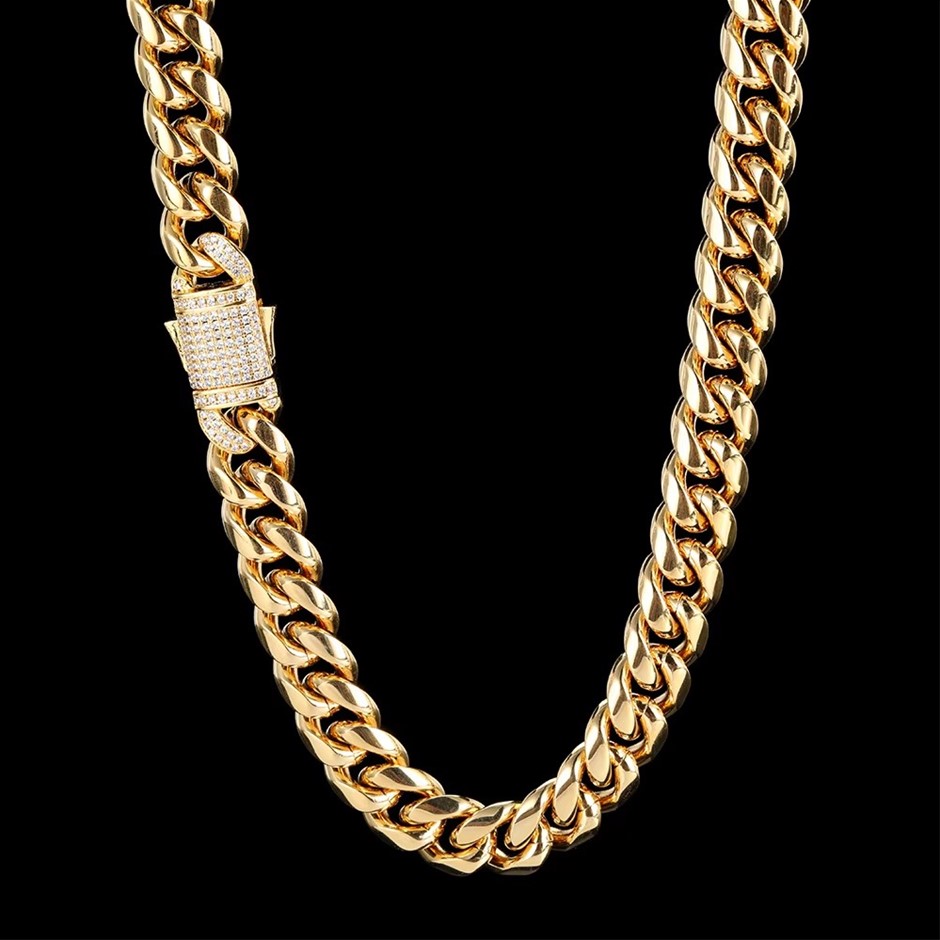 18K Gold-Filled Cuban Chain Necklace with AAA Cubic Zirconias - 12MM-60.9cm