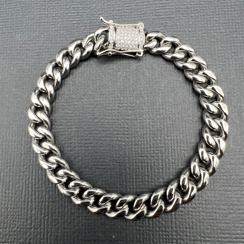 Silver-Filled Cuban Bracelet with AAA+ Cubic Zirconia Clasp, 8MM - 20.3cm
