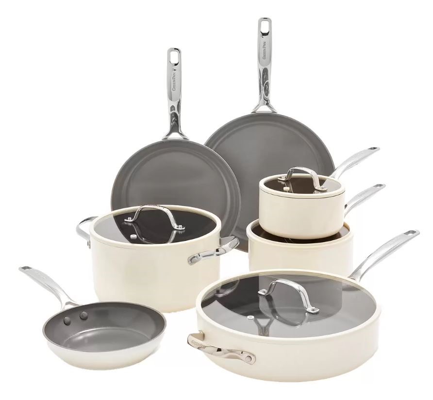 GREENPAN 11pc Eras Ceramic Non Stick Cookware Set, White. NB: Used, not in