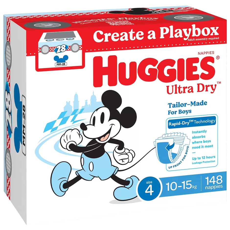 HUGGIES 148pk Ultra Dry Nappies For Boys, Size 4, 10-15kg, Mickey Mouse. N.
