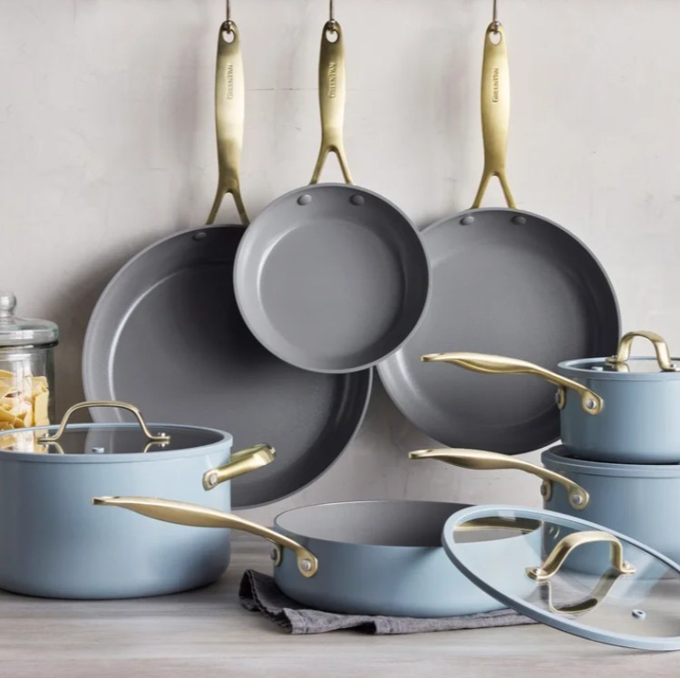 GREENPAN 11pc Jewel Pro Cookware Set, Blue. N.B: 2 x pans/pots are missing.