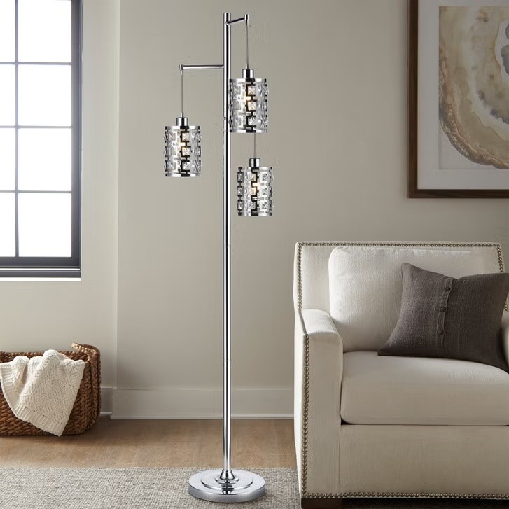 Hampton 3 Arm Floor Lamp, Silver, Metal Shade with Clear Crystal Beads NB: