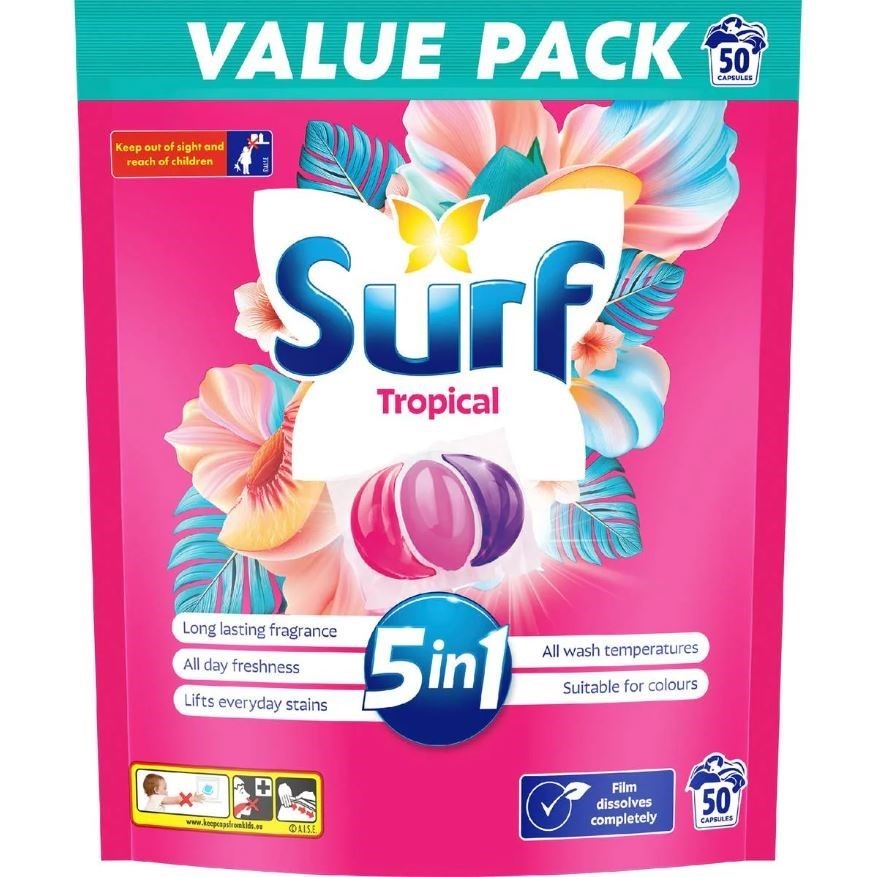 2 x Pack of 50pc SURF Tropical Scent Laundy Capsules. N.B: Damaged packagin