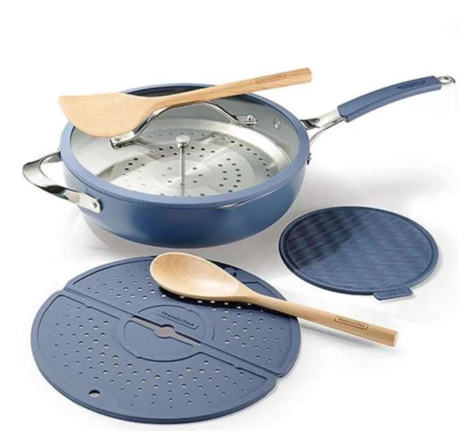 TRAMONTINA All-In-One Plus 30cm 7 Pcs Wok Pan Set, Blue. NB: has marks on t
