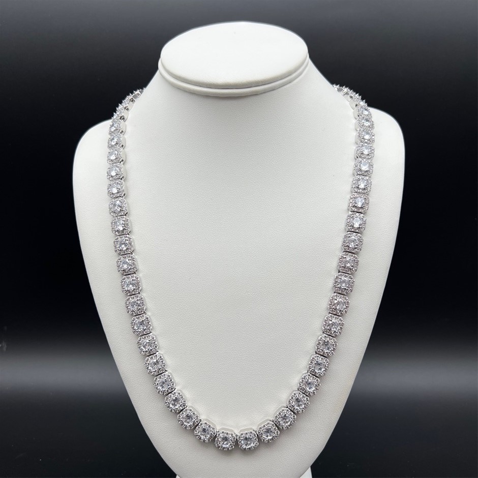 18K White Gold -Filled Clustered Chain Necklace AAA Cubic Zirconias- 60.9cm