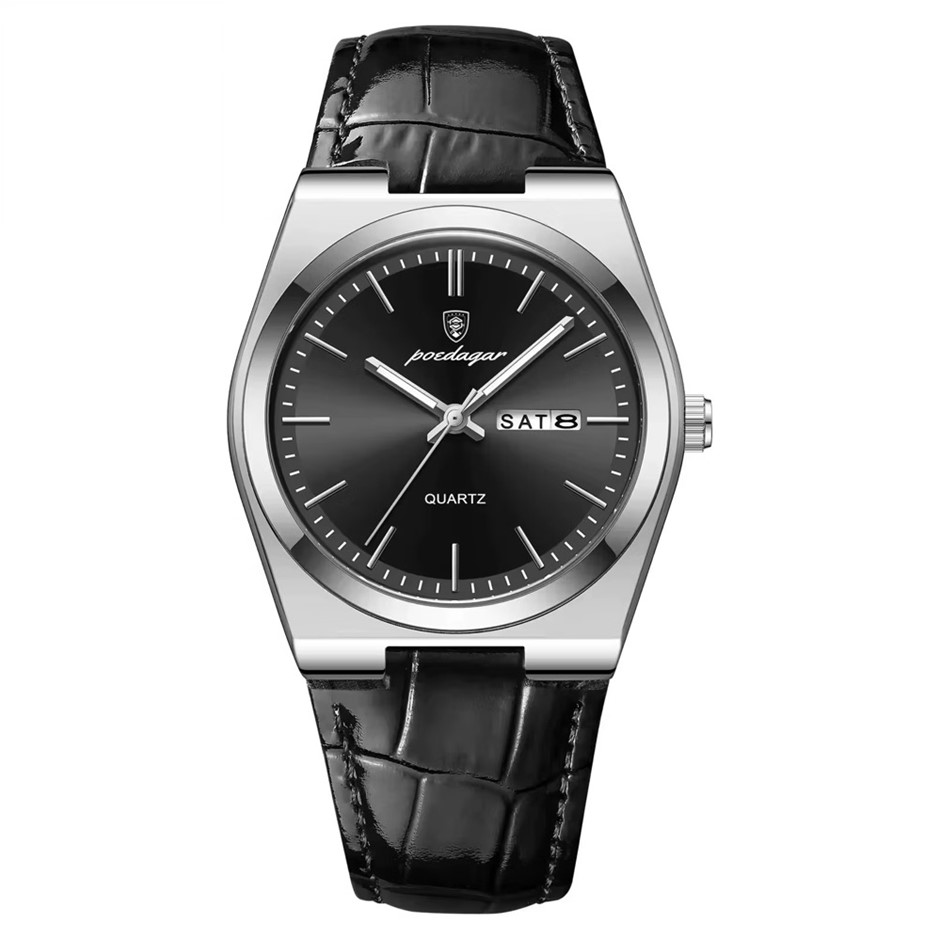 Luxury Quartz Watch for Men, Calendar with Leather Strap, Silver/Black