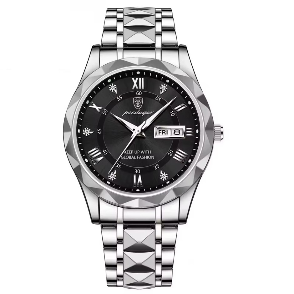 Luxury Men's Quartz Watch Date Week with Strap, Silver/Black