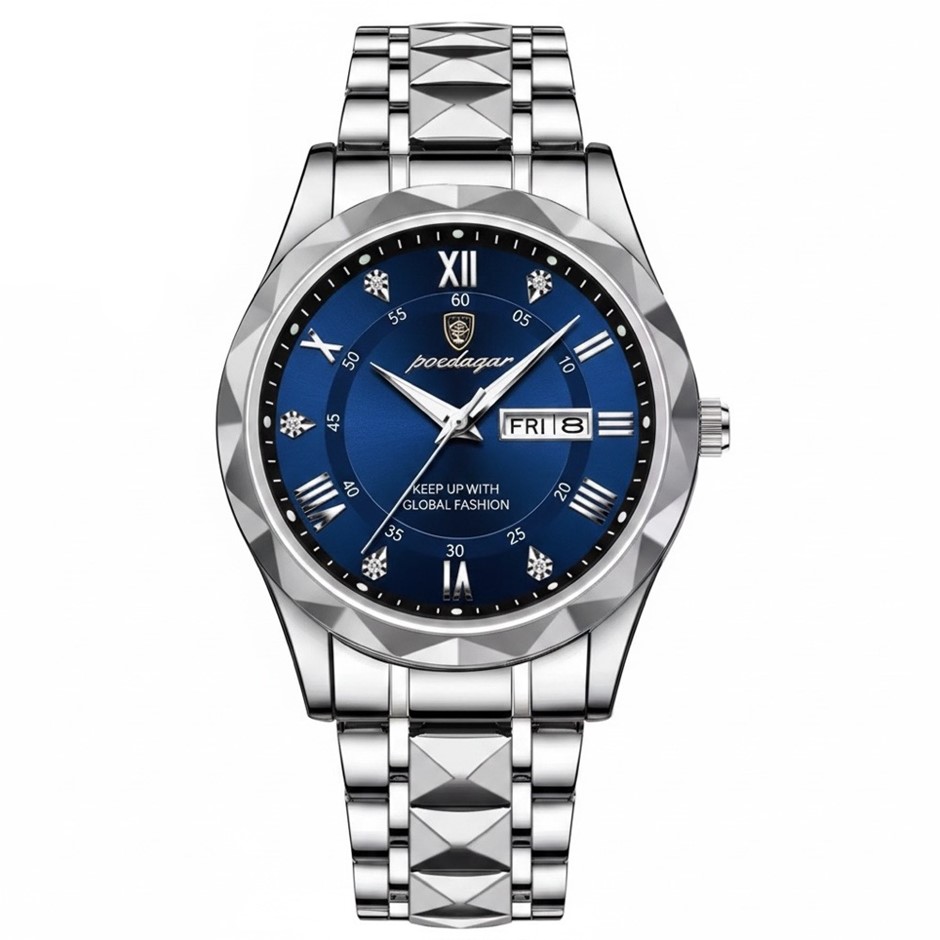 Luxury Men's Quartz Watch Date Week with Stainless Steel Strap, Silver/Blue
