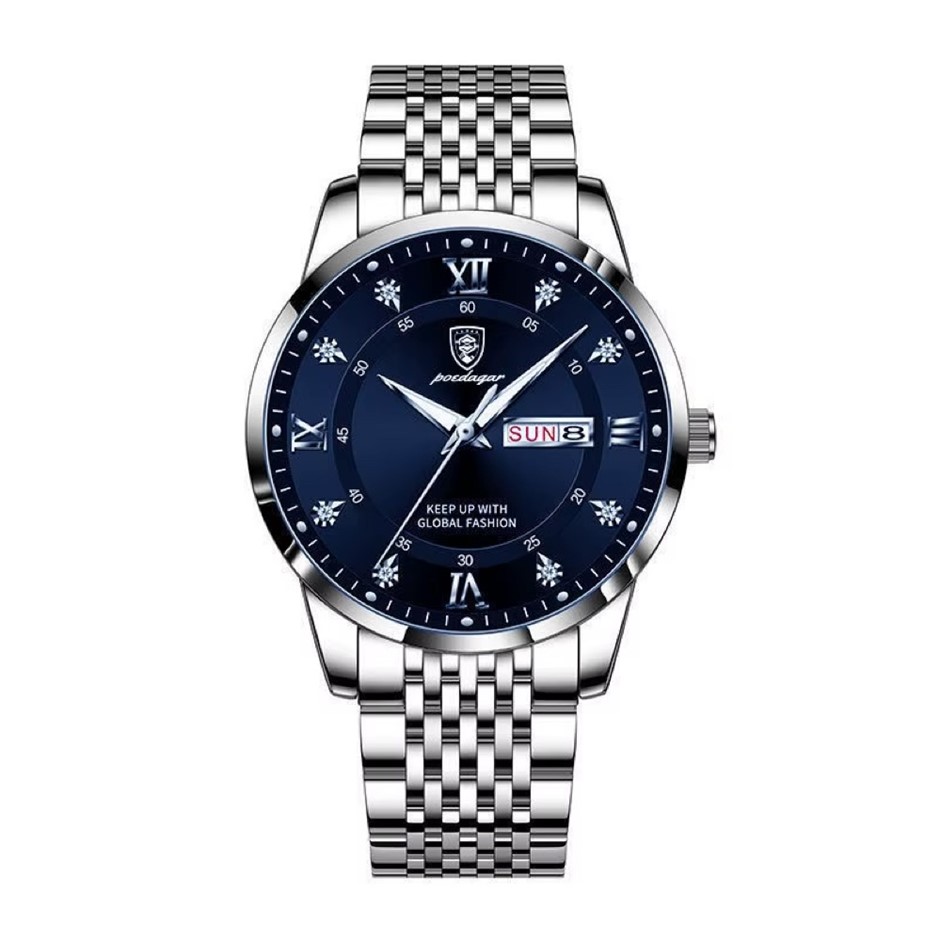 Luxury Business Men's Quartz Watch Stainless Steel, Silver/Blue