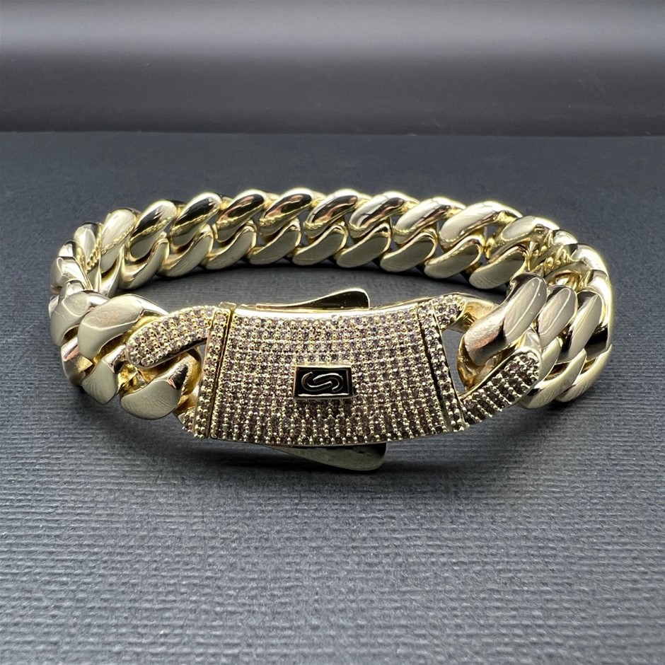14K Gold-Filled Solid Cuban Bracelet, AAA Cubic Zirconias,15MM Wide-20.3cm