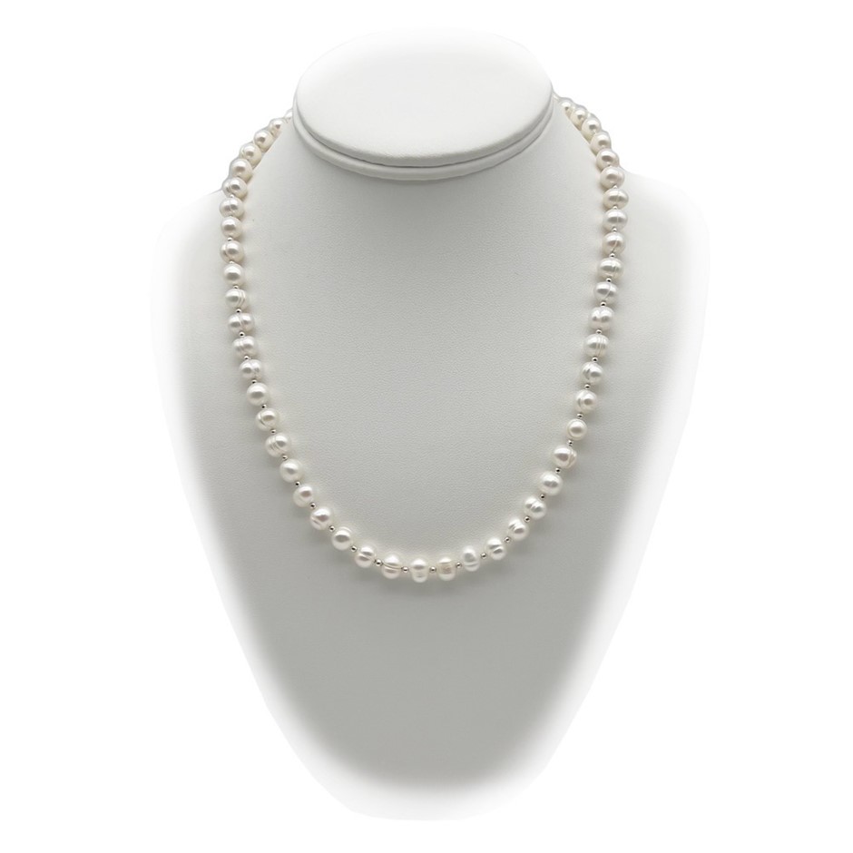 7-8mm White Pearls & Spacer Beads Real Platinum Plated Necklace