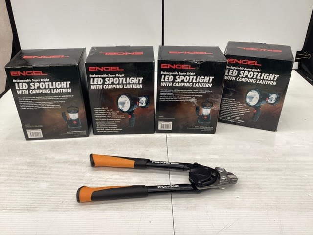 <p>ENGEL LED Spotlights With Lanterns,Fiskers Pro Bolt Cutters </p>