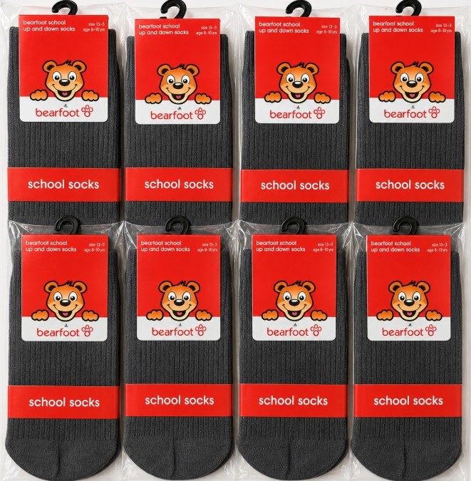 8-Pack BEARFOOT Grey School Socks – Up & Down Style age 8-10yrs/Size 13-3,
