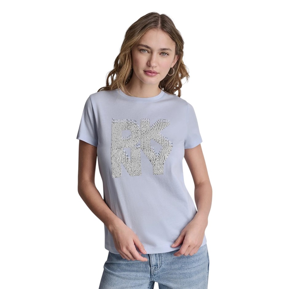 DKNY Women's Sequin Stack Logo Tee, Size L, 100% Cotton, Frost Blue (EIE).