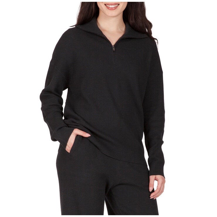 TKEES Women's 1/4 Zip Knit Ribbed Top, Size S, Black. Buyers Note - Discou