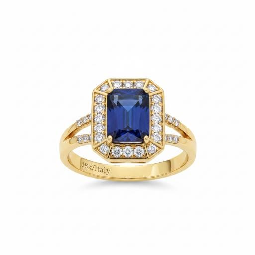 18K/Italy 8.0ct Blue Emerald Cut Yellow Gold Filled Ring(stamped)-7US