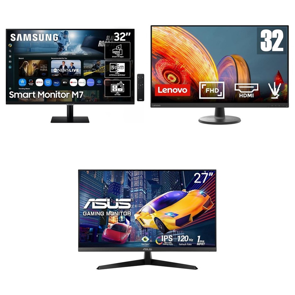 3 x Gaming Monitors. Total RRP $1100. 1 x SAMSUNG 32 Inch M70F 4K UHD 3840x