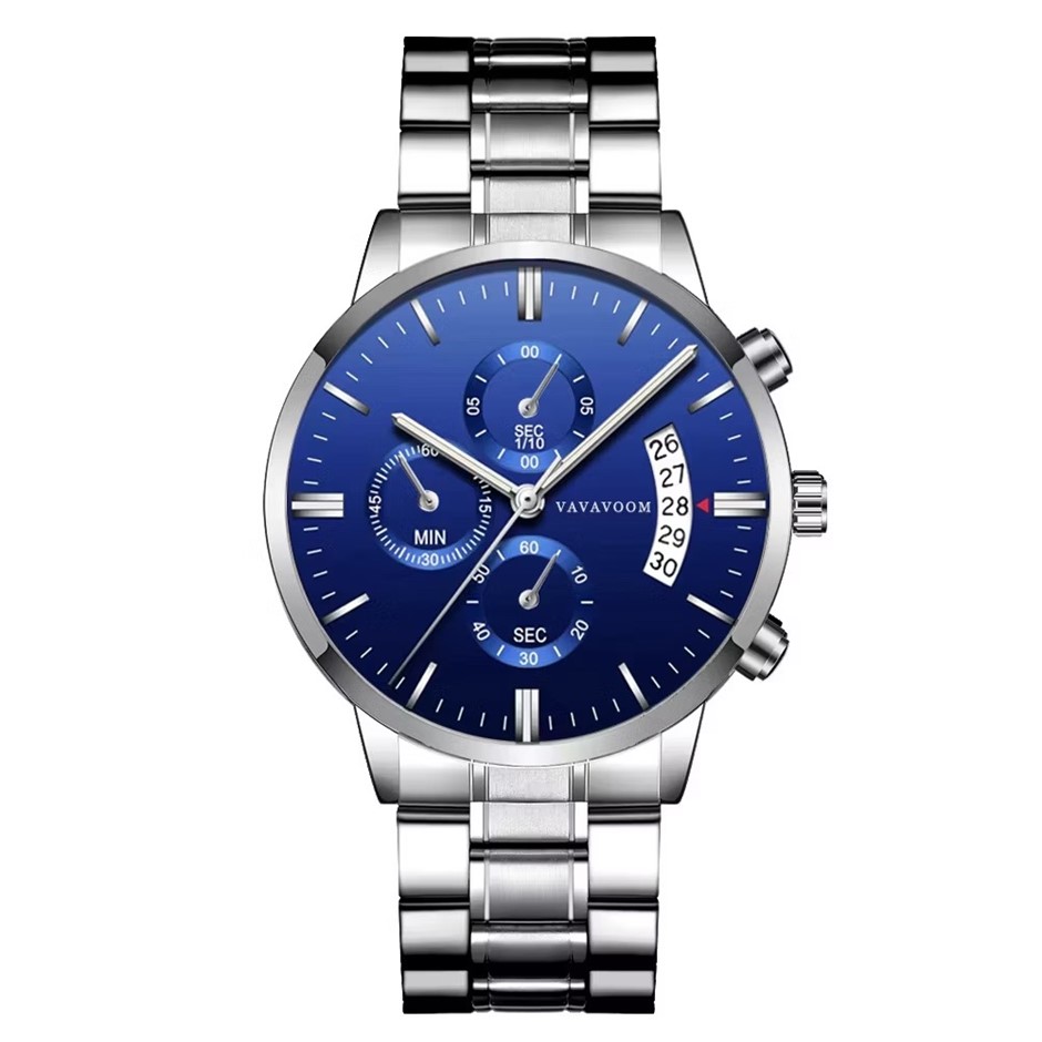 Men's Sports Calendar Luxury Stainless Steel Watch - Silver/Blue