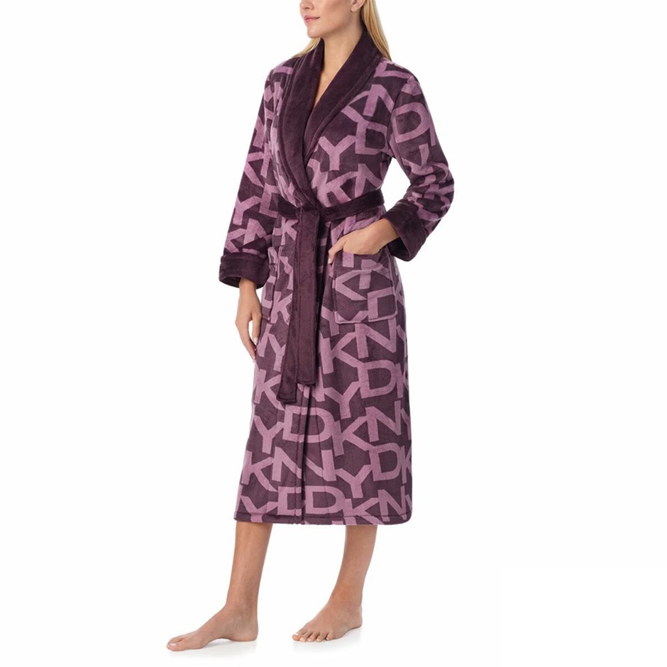 DKNY Women's Plush Shawl Collar Robe, Size M, Purple.