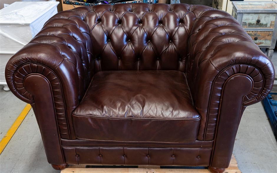 CHESTERFIELD Leather Cub Chair, Antique Brown. N.B: Near new.
