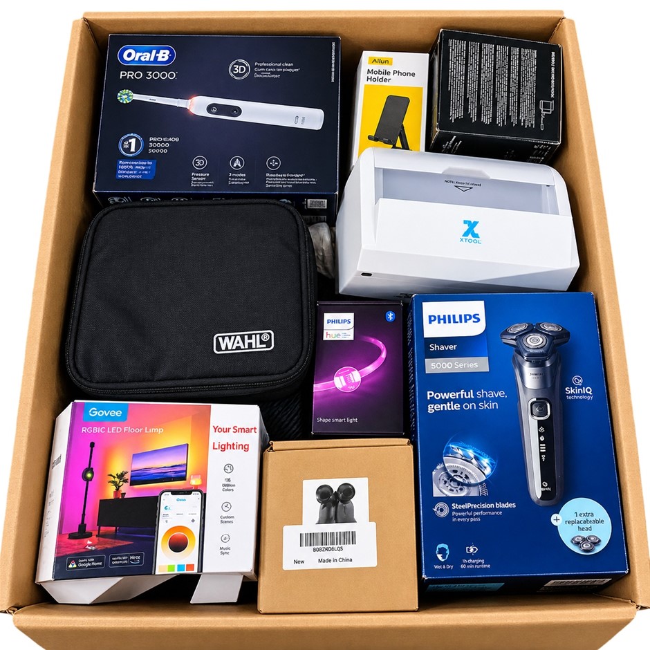 BOX OF ASSORTED ELECTRONICS & ACCESSORIES: PHILIPS Shaver 5000, ORAL-B Pro