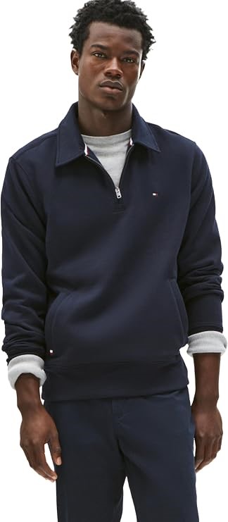 TOMMY HILFIGER Men's Collared Zip Heavy Knit Polo Shirt, Desert Sky, Size L