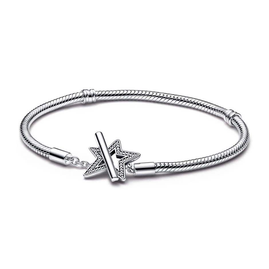 Snake chain sterling silver star toggle bracelet with clear cubic zirconia
